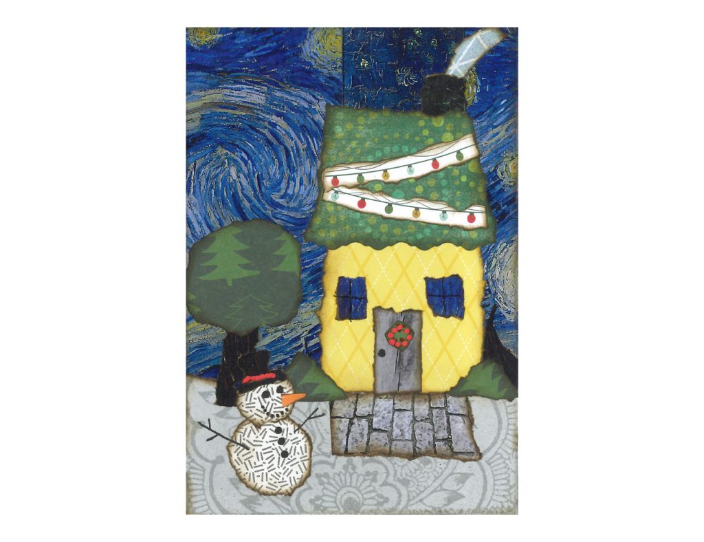 A mixed-media collage forms the image of a yellow house with a snowman out front.