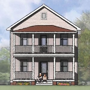 The Florence II floor plan features a two-story, Charleston style house with a light, tan siding.